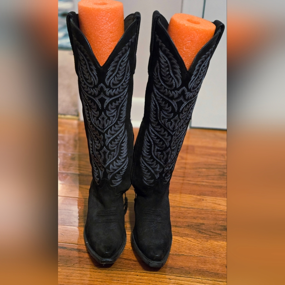 Black Embroidered Tall Cowboy Boots - image 1